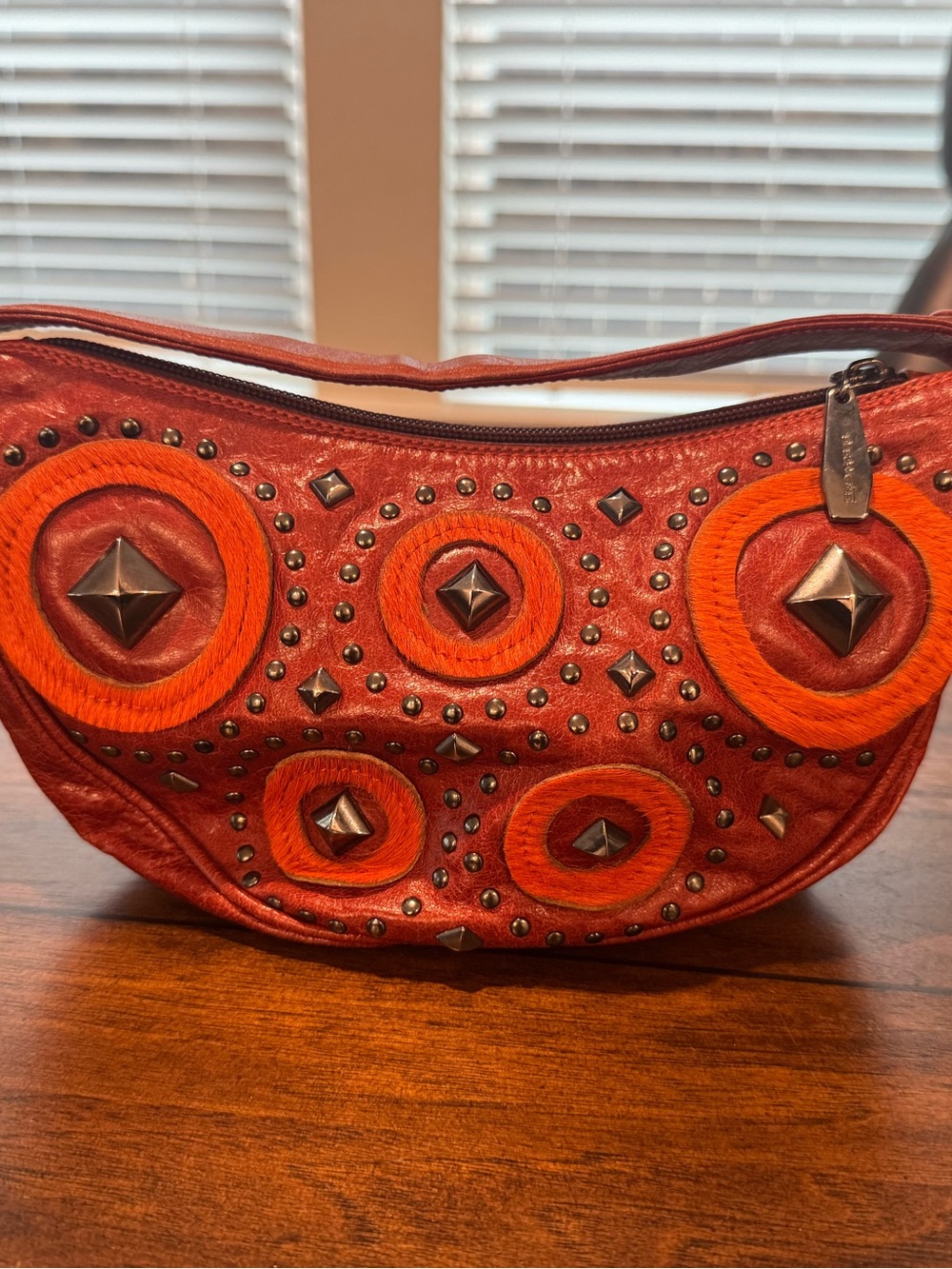 Vintage BERGE Genuine Leather Studded Shoulder Bag Orange Made in Italy